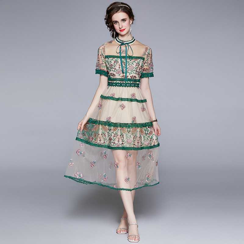 

Elegant Fashion Short Sleeve Mesh Dress Summer Sweet Flower Embroidery Stitching Lace High Waist Slim Party 210526, Photo color