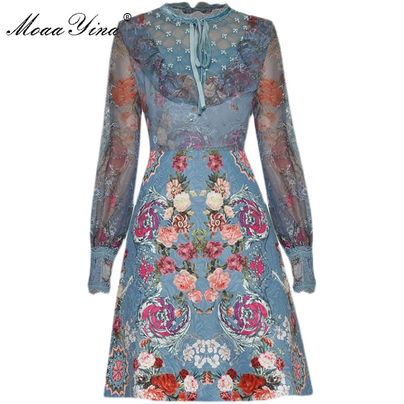 

Fashion dress Spring Women' Dress Mesh Ruffles Beaded Long sleeve Patchwork Jacquard Floral-Print Vintage Dresses 210524, Multi
