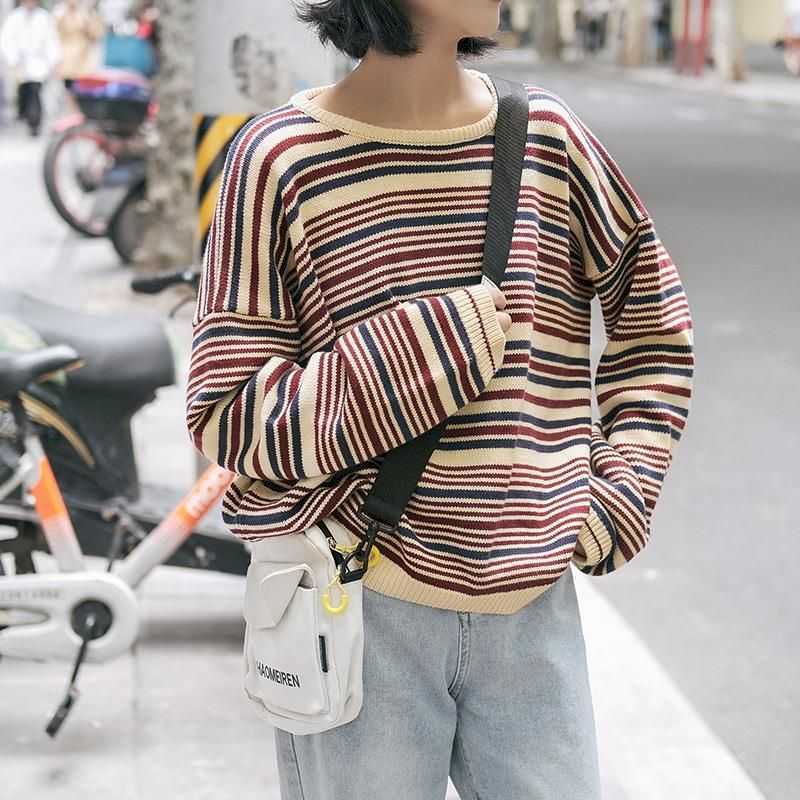 

Sweater female college style autumn and winter striped contrast sweater girl student Korean version loose wild thin knit 210526, Yellow