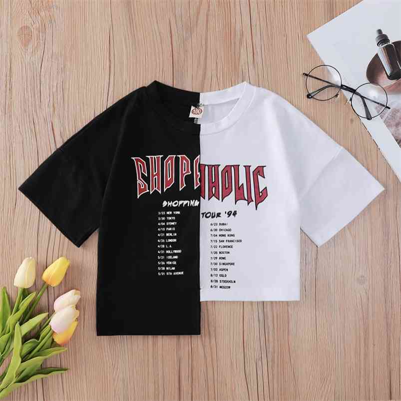 

Summer Children Casual Cotton Short Sleeve O Neck Asymmetry Patchwork Letter Baby Girl Or Boys T-shirt 3-10T 210629, Black