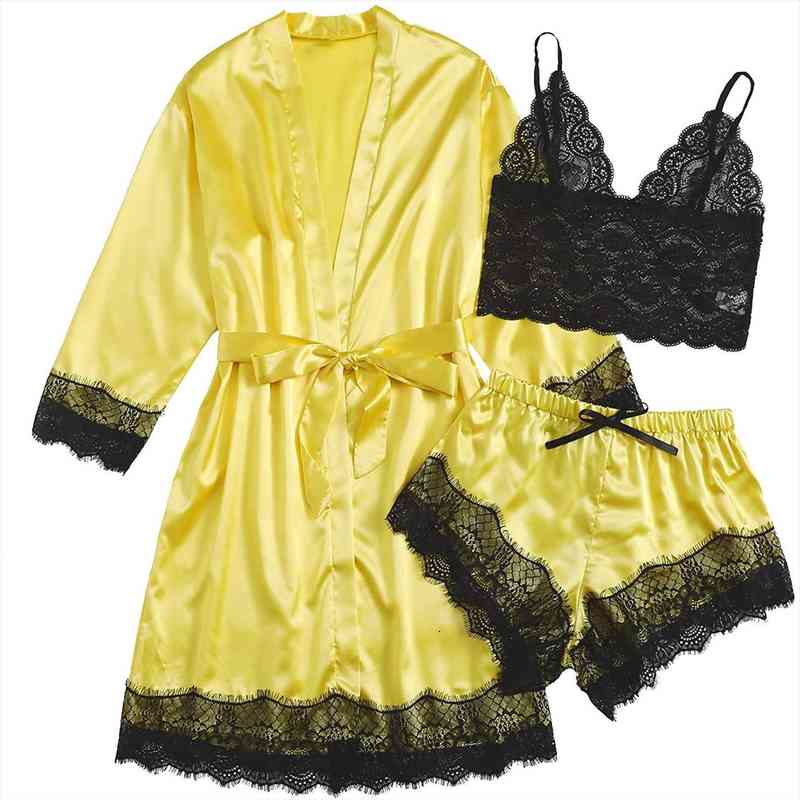 

Sexy Robe Gown Sets Lace Women Sleepwear Bathrobe Cami Top Shorts 3 Pieces Sleep Set Faux Silk Femme Lingerie, Black;red