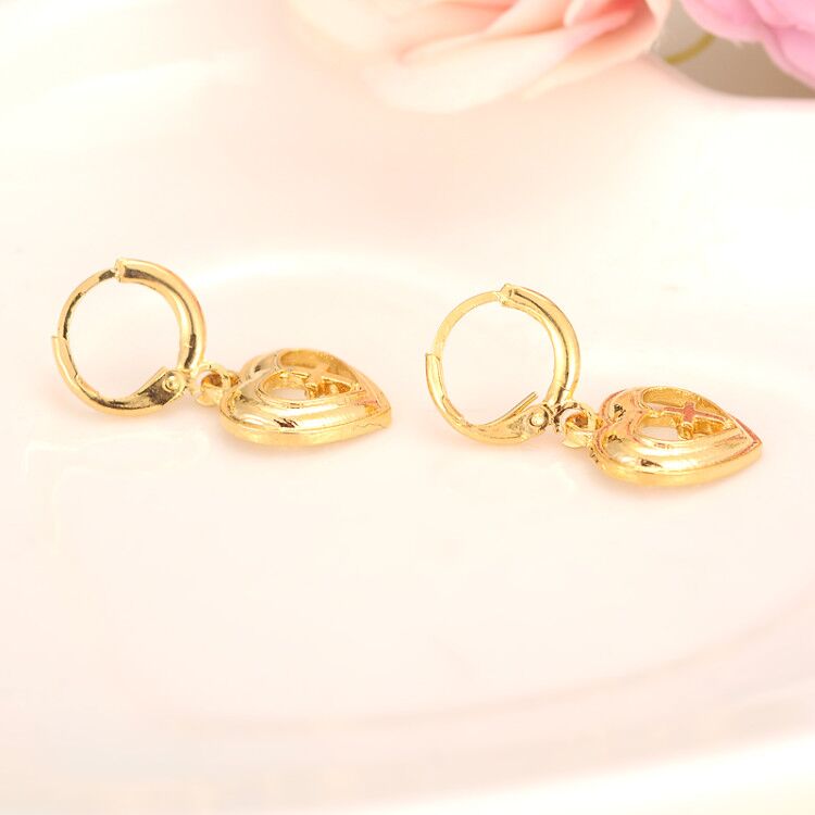 18K Fine Solid Gold Earrings Dangle & Chandelier Heart cross meaning Love Trendy Jewelry African/Arab/Middle Eastern kids gift-image-678911729