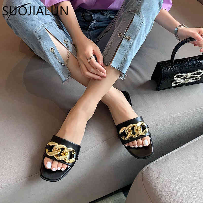 

SUOJIALUN New Brand Women Slipper Square Toe Metal Chain Design Slides Flat Heel Ladies Sandal Summer Outdoor Beach Flip Flop K78, Black