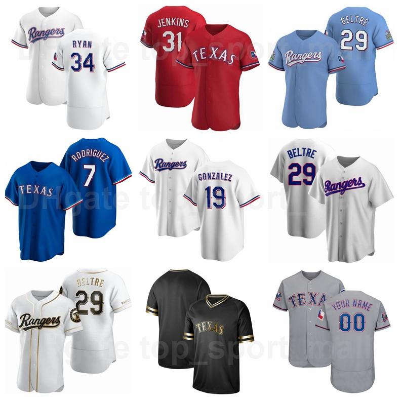 

Baseball 34 Nolan Ryan Jersey 7 Ivan Rodriguez 19 Juan Gonzalez 29 Adrian Beltre 31 Ferguson Jenkins 32 Josh Hamilton Custom Name Number, Blue;black