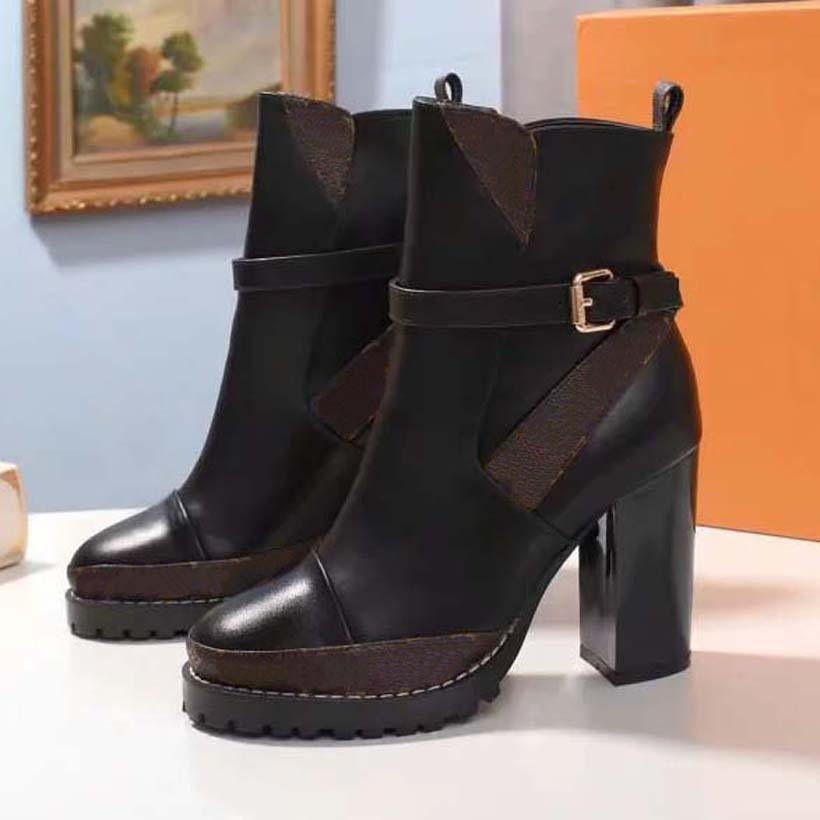 

Womens Heels boots fashion chunky Ankle boot Black calf leather trim brings a chic twist to this army-inspired style its laces and rugged platform sole with box 02, #22
