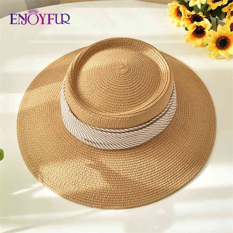 

ENJOYFUR Women Summer Sun Hats Wide Brim Straw Beach Female Fashion Panama UV sun protection travel cap Chapeu Feminino 210709, 11light pink