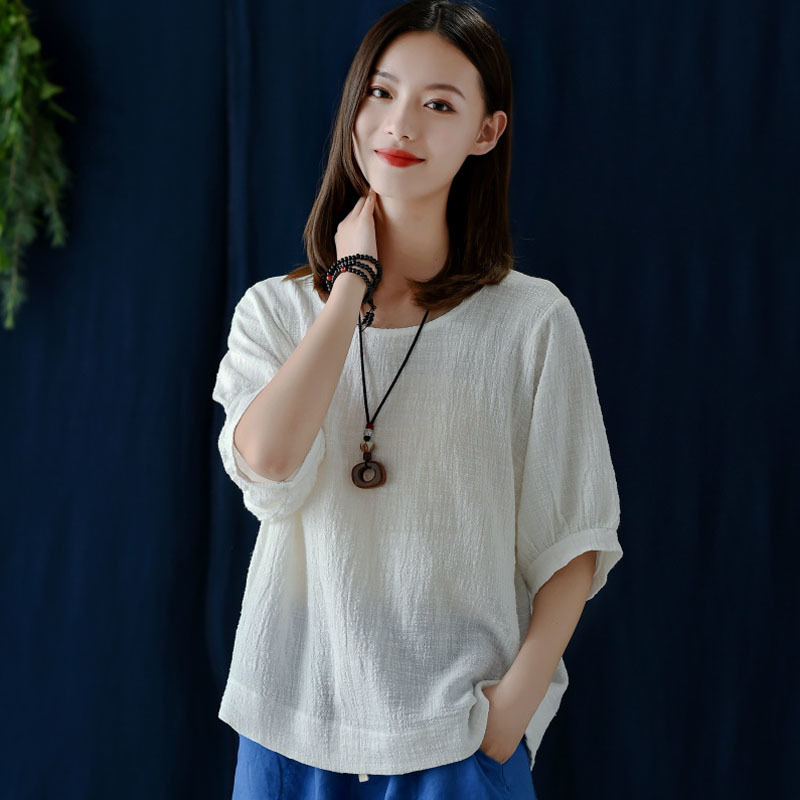 

Johnature Summer Loose Leisure All-match O-neck Lantern Sleeve Cotton Linen T-shirts Simple Comfortable Women Tops 210521, Blue-green