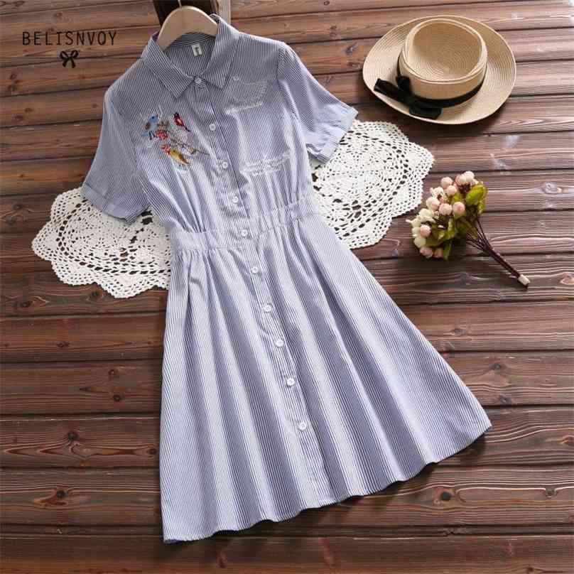 

Japanese Mori Girl Summer Women Blue Dress Striped Embroidery Birds Letter Short Sleeve Elegant Cute Kawaii Vestidos 210520