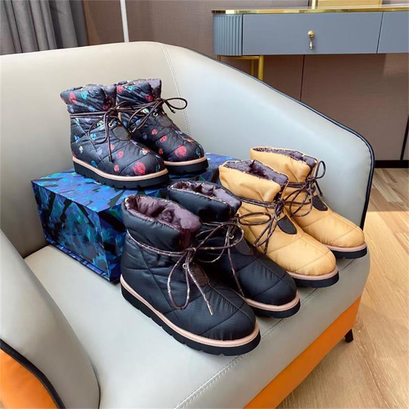 

Designer Shoes Women Pillow Boots fur girls winter brown fashion Soft Down snow shoes Flat shoe Waterproof nylon Flowers Print, Color9