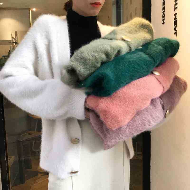 

Autumn Winter Faux Mink Cardigan Women Clothes Outerwear V-Neck Kardigan Jumper Pull Femme Casual Loose sweater 210525, Picture color