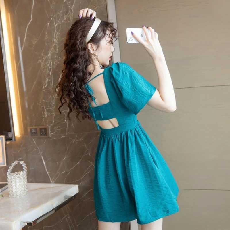 

French Elegant Mini Dress Short Sleeve Backles Design Casual Summer Slim Square Collar Korean 210604, Backless dress