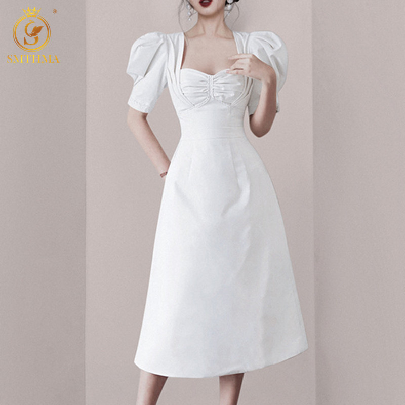 

Women Fashion Summer Dress Robe Vintage Elegant High-End Light Luxury Square Collar White Dresses Vestidos 210520, Photo color