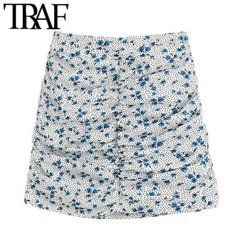 

TRAF Women Chic Fashion Floral Print Draped Mini Skirt Vintage High Waist Back Zipper Female Skirts Casual Faldas Mujer 210702, As picture