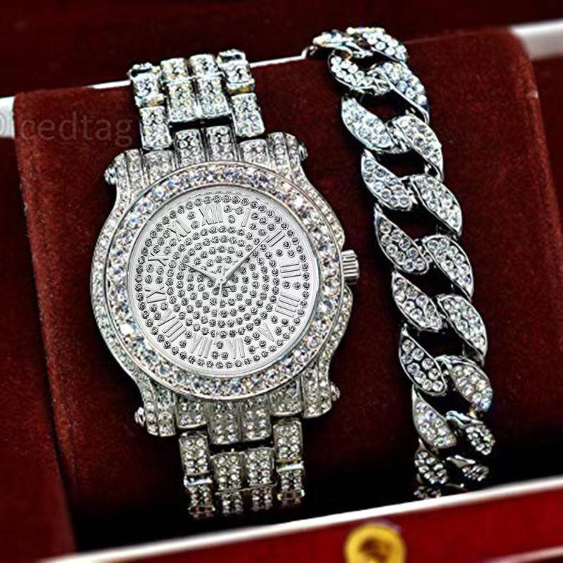 

Wristwatches Silver Color Watch+Bracelet Watch Set Hip Hop Miami Curb Cuban Chain Iced Out Paved Rhinestones CZ Bling Rapper For Men Jewelry, Slivery;brown