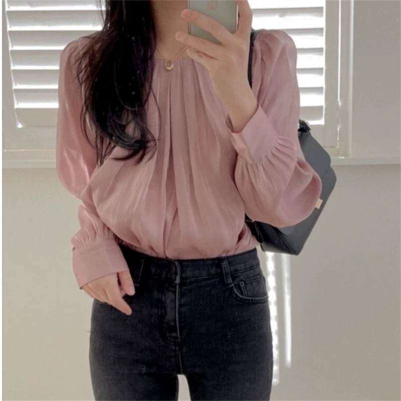 

Korea Spring Women Elegant Solid Blouse Ladies Pullover O-Neck Long Sleeve Office OL Casual Shirt Femme 210519, Photo color