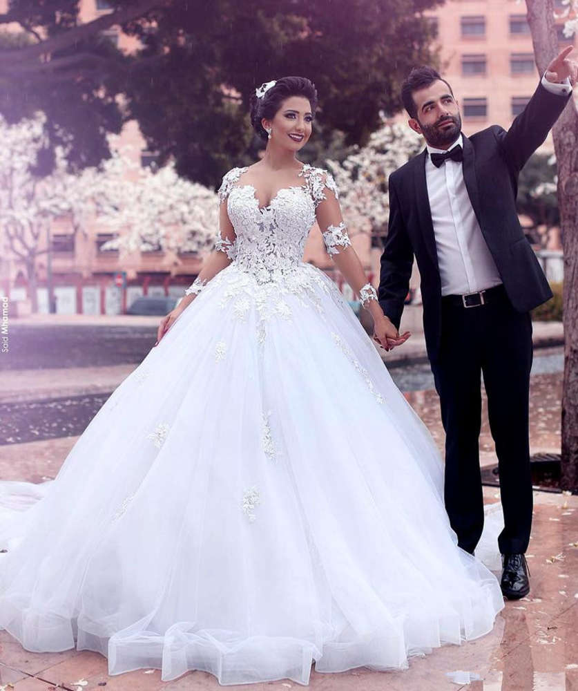 

Long Sleeve Princess Wedding Dresses Vestidos De Noiva Court Train Vintage Style Applique Organza Lace Bridal Gowns Ball Gown Custom W1002, Custom-made