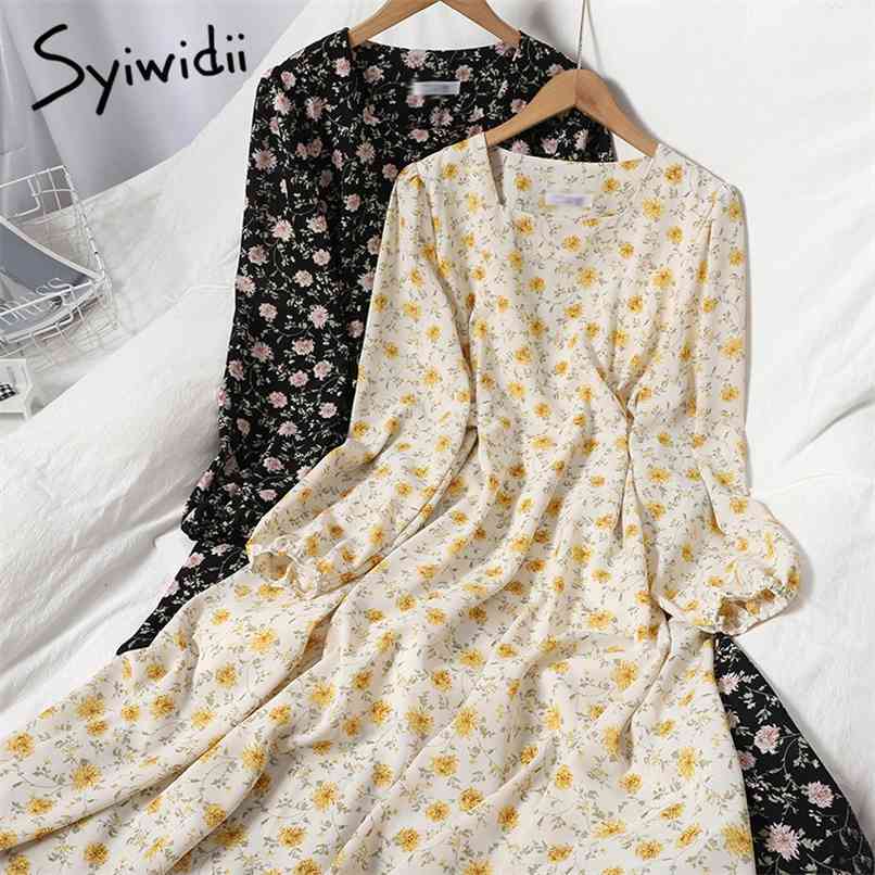 

Boho Floral Print Dress for Women Puff Sleeve Square Collar with Belt A-line Clothes Summer Midi Black White 210607