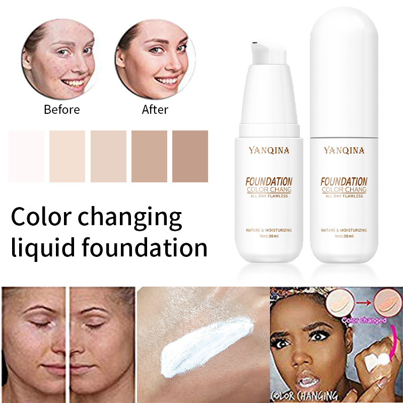 

YANQINA Brighten Liquid Foundation Color Change Smooth Thin Moisturizing Face Makeup Natural Concealer Cream Base, 30ml
