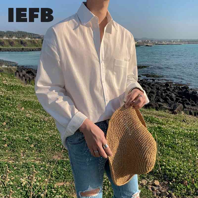 

IEFB Spring Cotton Linen Long Sleeve Shirts Men's Solid Color Loose Korean Fashion Casual Tops Comfortable Blouse 9Y5887 210524, Yellow
