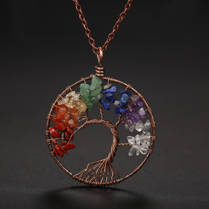 

Hand Wrapped Copper Wire Natural Stone Crystal Agate Life Tree Pendant Necklace
