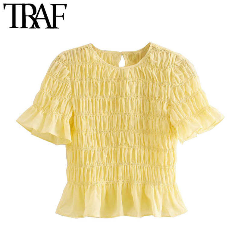 

TRAF Women Sweet Fashion Ruffed Pleated Cropped Blouses Vintage O Neck Short Sleeve Female Shirts Chic Tops 210721, As picture