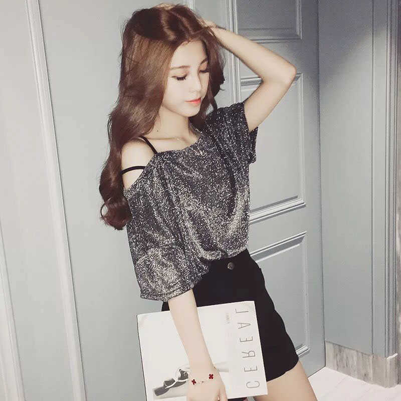 

Lurex Tops Bling Solid Women Blouse Shirts Short Sleeve O-neck Off Shoulder Summer Loose Fashion Blusas DF2572 210609, Black