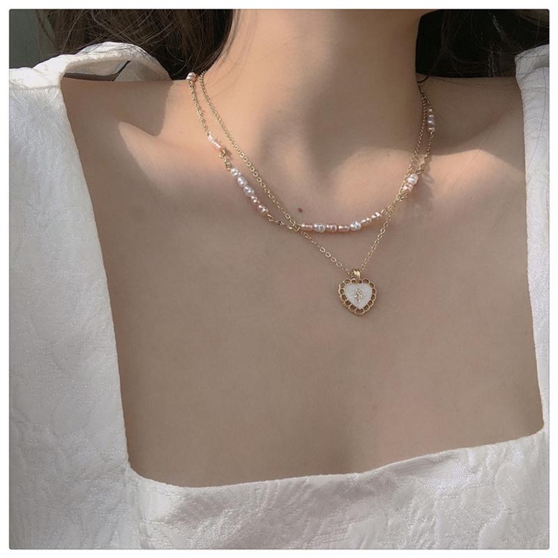 

Chains 2 PCS Necklace For Women Love Heart Pendant Neck Jewelry Beaded Choker Thin Alloy Chain Gift Girls EA
