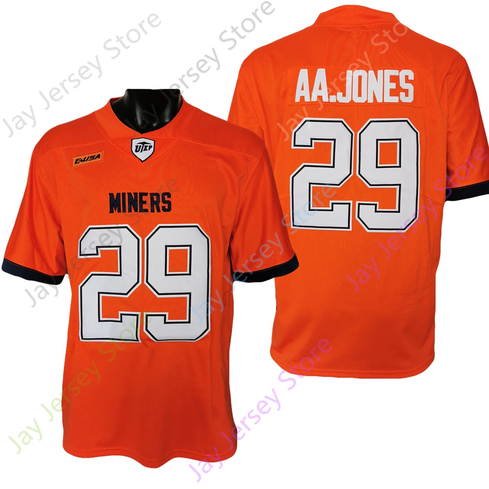

2021 New NCAA UTEP Miners Football Jersey 29 AA. Aaron Jones College Jersey Orange Navy Size Youth Adult, As pic