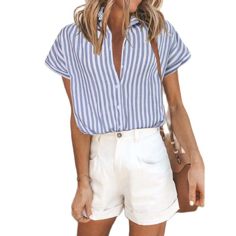 

Women' Blouses & Shirts Summer 2021 -Selling Good Quality Ladies' Fashion Striped Single-Breasted Lapel Short-Sleeved Shirt, Green