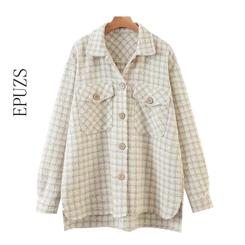 

Vtainge oversize Plaid Jacket women Tweed coat Long Sleeve and jacket female thick korean Outerwear 210521, As picture