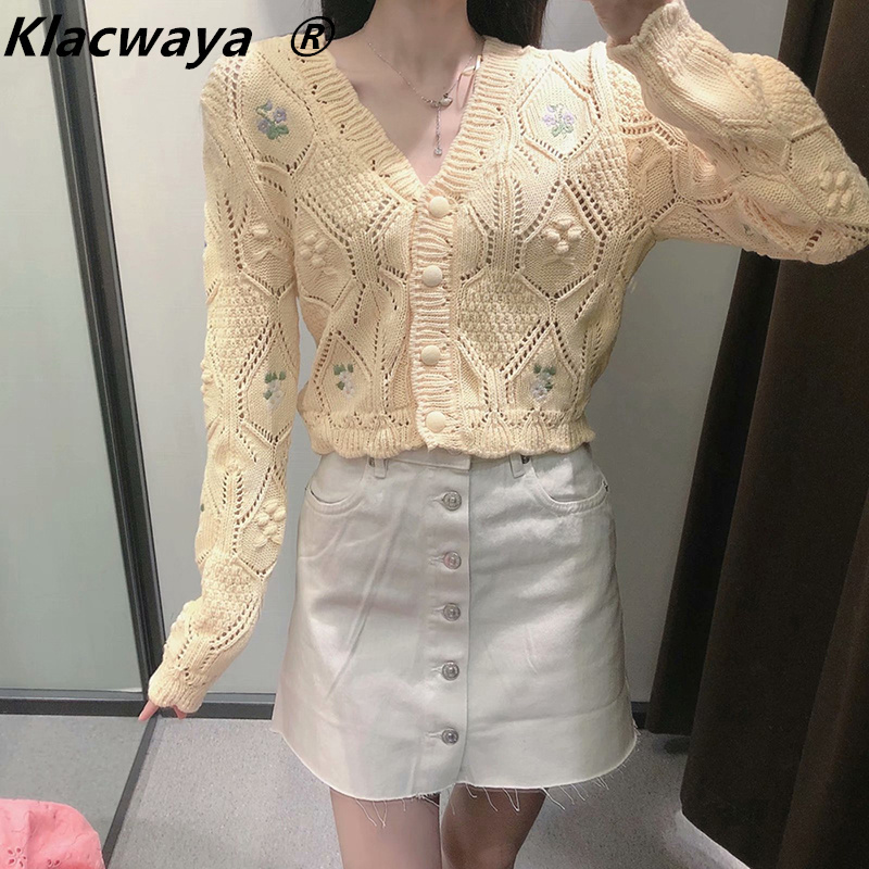 

Women Flower Embroidered Knitted Jacket Spring Casual Girls Sweet Single Breasted Cardigan Coat knit Tops 210521, Gray