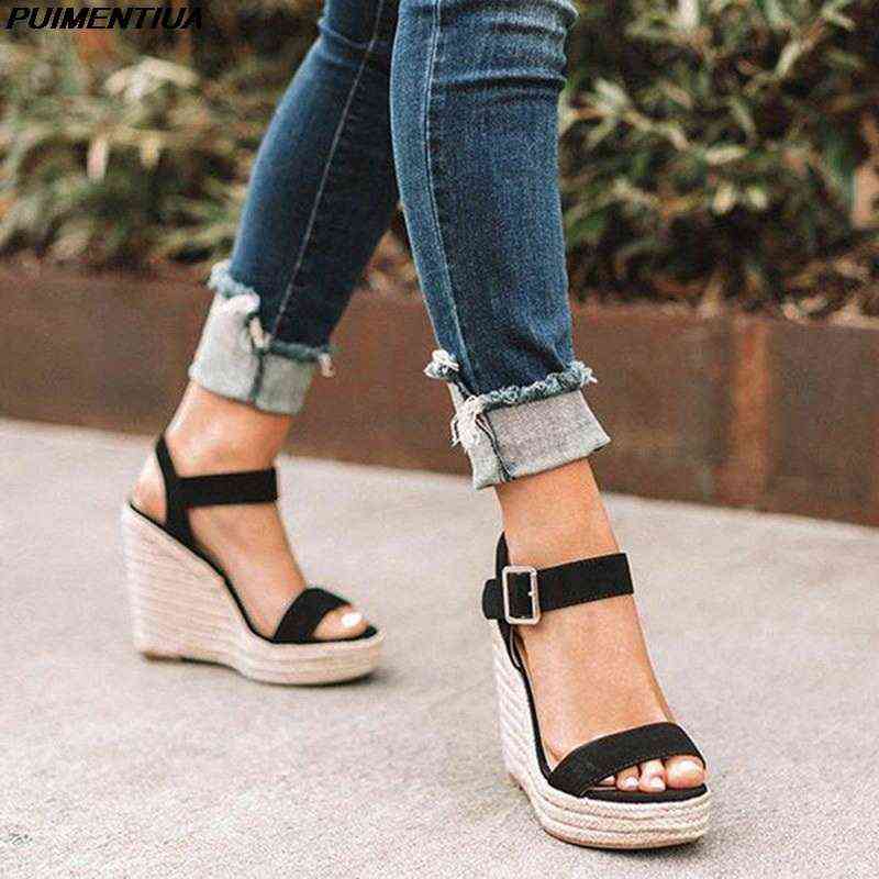

PUIMENTIUA Platform Women Sandals Summer Wedges Shoes Ladies Hemp Pointed Toe High Heels Casual Shoes Woman H1126, D-blue