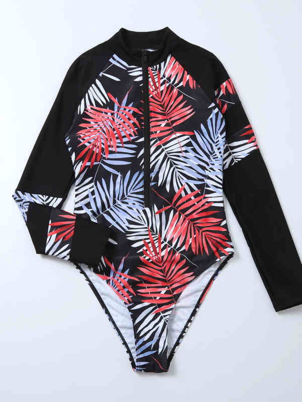 Summer Print Zipper One Piece Swimsuit Closed Long Sleeve Swimwear Sports Surfing Women's Swimming Bathing Suit Beach Bather