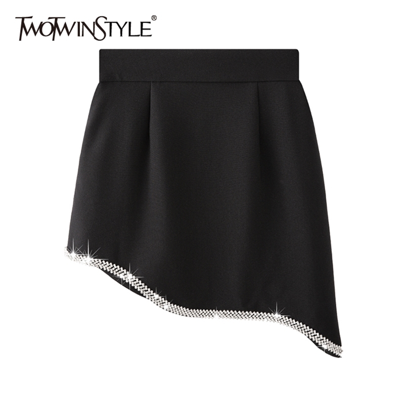 

Black Asymmetrical Mini Skirt For Women High Waist Patchwork Diamond Skirts Female Summer Fashion Clothing 210521
