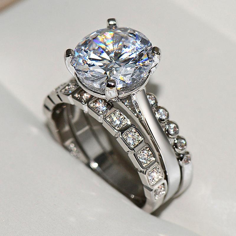 

Cluster Rings 3 Layered Stackable Sets Women Crystal Bling Diamonds Gemstones 18k White Gold Filled Jewelry Wedding Bands Trendy Gifts