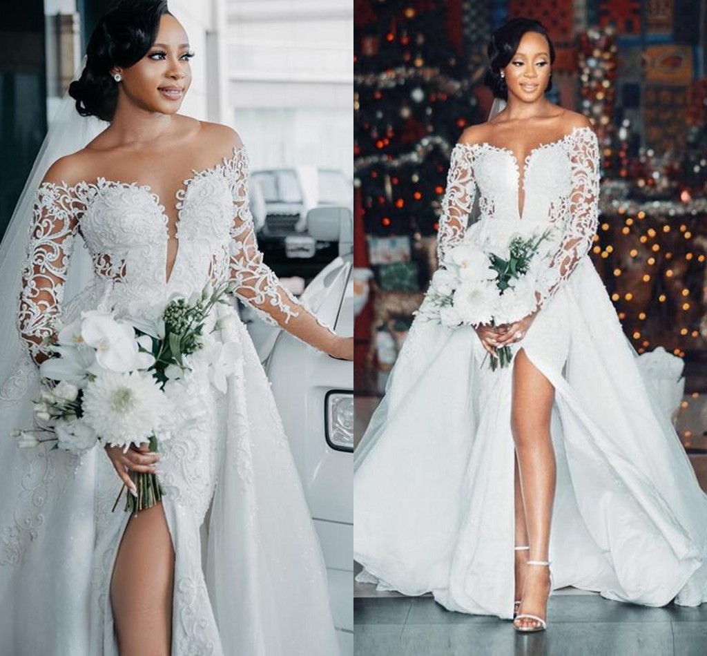 

2021 Arabic Sexy Side Slit Wedding Gowns With Detachable Train Sheer Scoop Neck Long Sleeve Lace Beaded Overskirts Bridal Dress Plus Size Ve, White