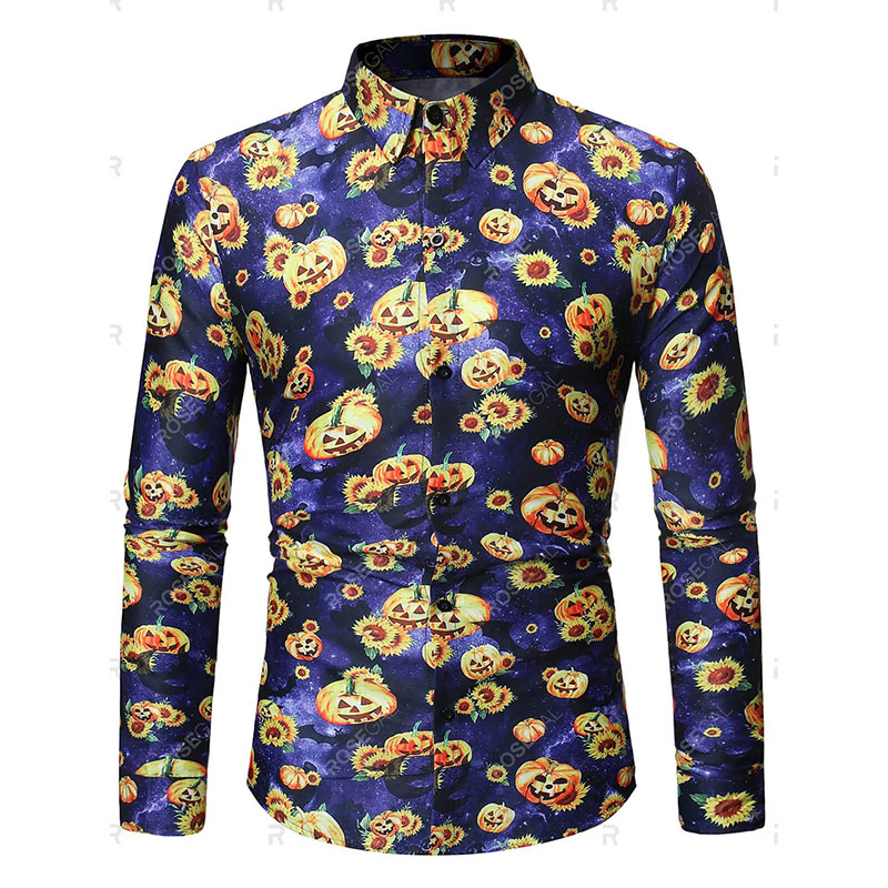 

Halloween men's pumpkin sunflower print long sleeve shirt, White;black