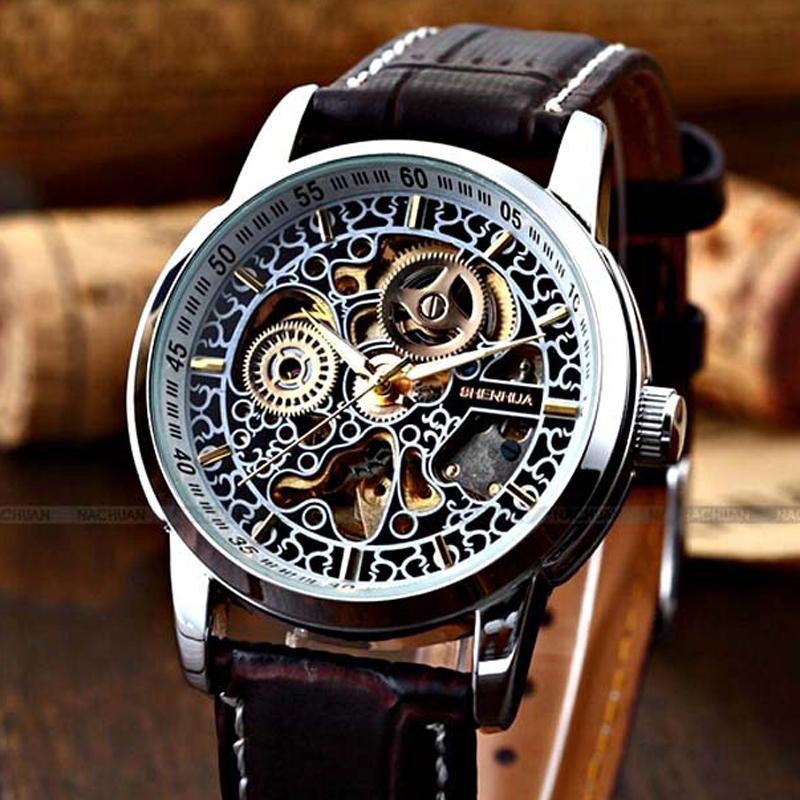 

Shenhua Fashion Vintage Watch Men Skeleton Watches Leather Band Automatic Mechanical Wristwatches Relogio Masculino Reloj Hombre, Black
