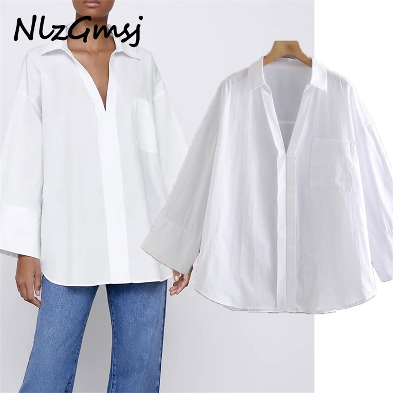 

Blouse Women White Oversized Shirts Blouses V-Shaped Lapel Long Sleeve Casual Irregular Ladies Tops 210628, As picture