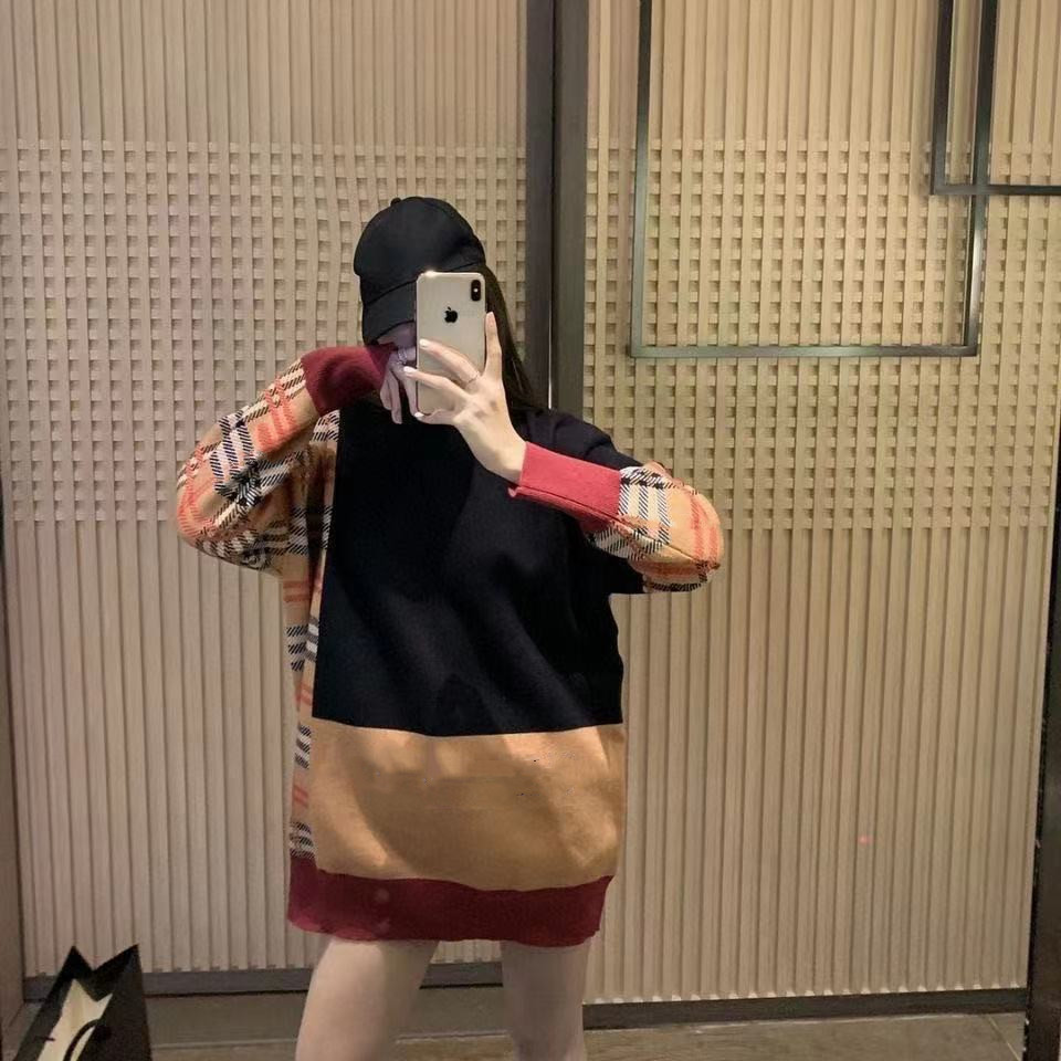 

Designer high-quality B letter Knits knitted top, fashionable striped plaid letters stitching loose ladies long-sleeved, Khaki