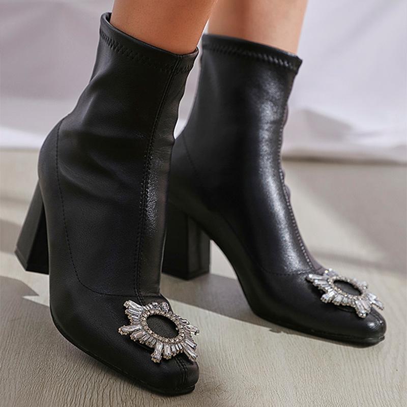 

Boots 2021 Women Ankle Square Toe Mid Heels Rhinestone Solid Zip Female Pumps Pu Leather Spring Autumn Fashion Ladies Footwear, Black