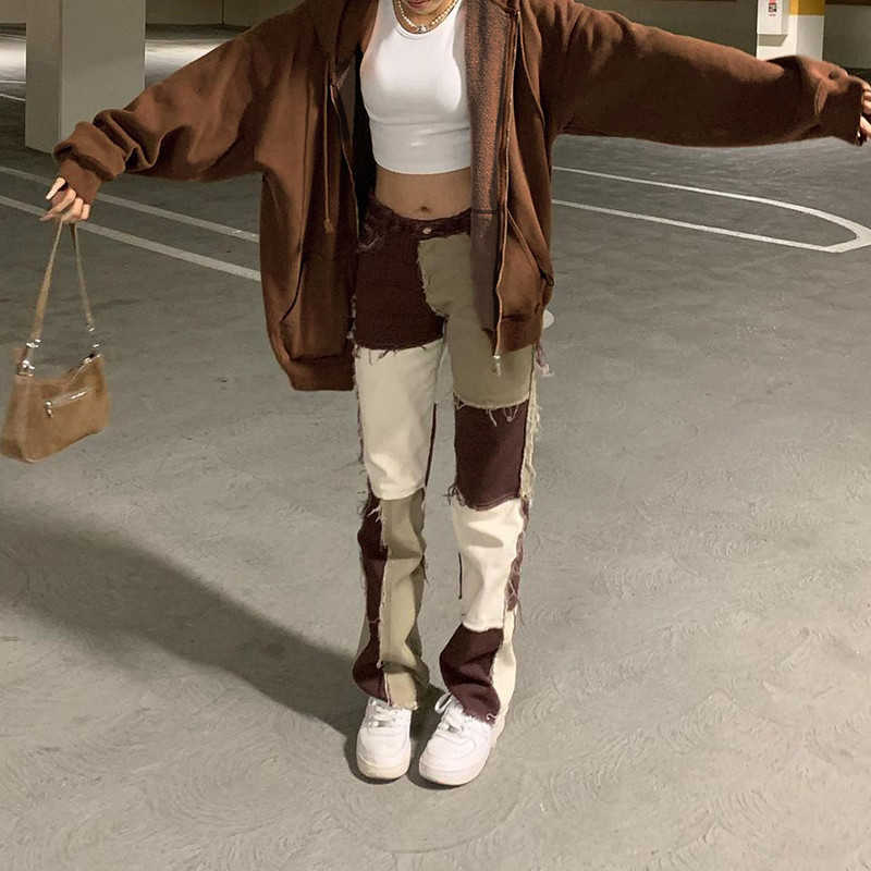 

Brown Straight Y2K Jeans For Girls Female Fashion Patched Women Vintage Denim Pants High Waisted Trouser Harajuku Capris 210616, Brown jeans