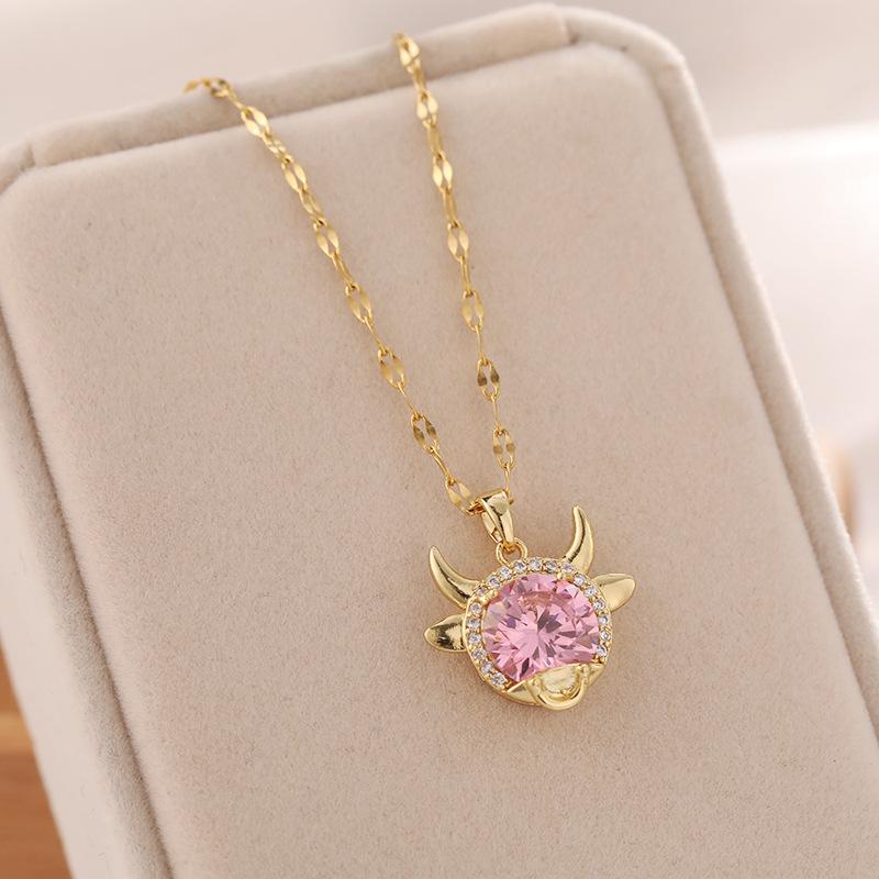 

Pendant Necklaces Korean Fashion Sweet Pink Zircon Crystal Ox Head Gold Color Stainless Steel Women Girlfriend Birthday Gift, Silver