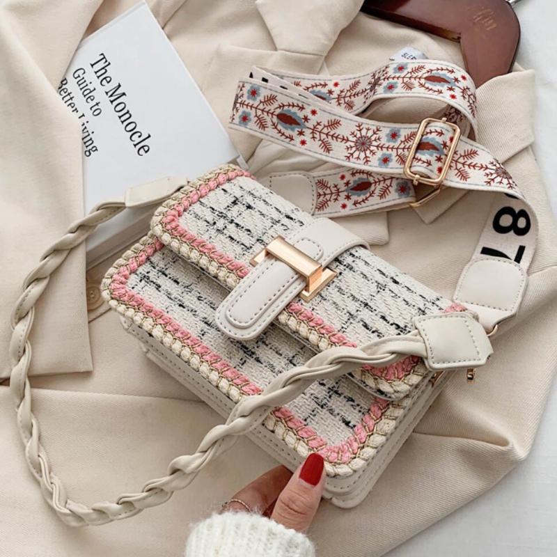 

Cross Body Contrast Color Weave Shoulder Strap Armpit Bag 2021 Fashion High-quality Wool Women's Handbag Lock Messenger, Beige