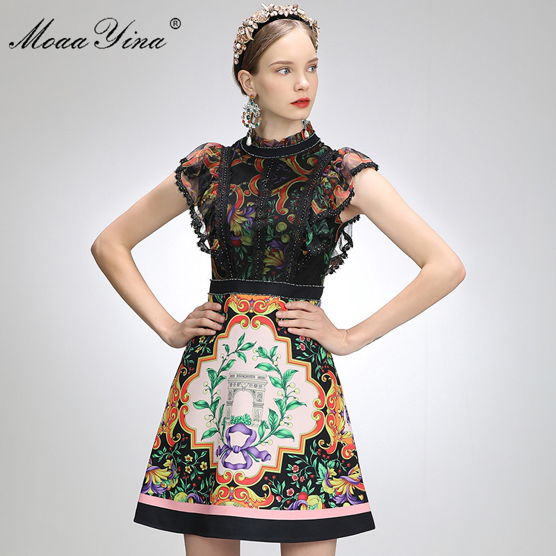 

Fashion Designer Dress Summer Women's dress Beaded Stand collar Lace Ruffles Floral-Print Short Dresses 210524, Black