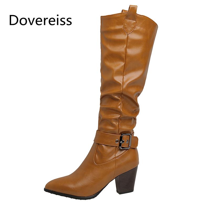 

Boots Winter For Woman Fashion Sexy Pointed Toe Consice Shoes Pure Color Brown White Block Heels Knee High 32-46, Black