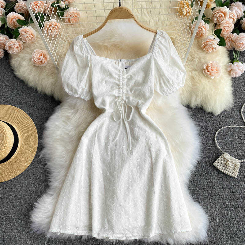 

Blue/White Sexy Draw String Mini Dress Women Elegant V-Neck Short Puff Sleeve High Waist Slim Vestidos Female Robe 2021 Summer Y0603