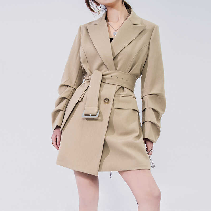 

Women Workwear Blazers With Buckle Belt Spring Summer Folded Long Sleeve Double-Breasted Suit Jacket Coat Outerwear 210608, Khaki