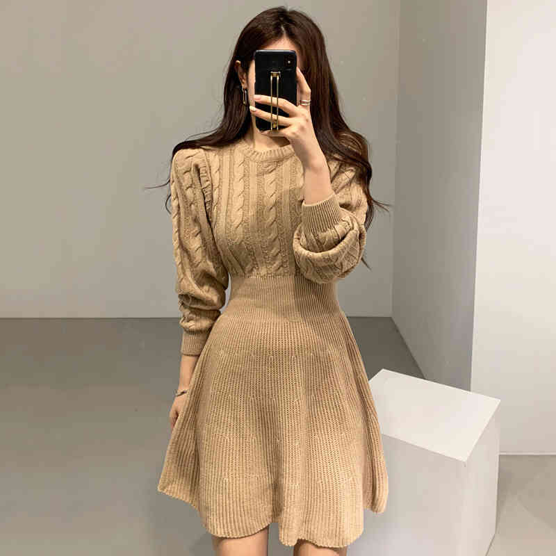 

Korea Chic Elegant O-neck Long Sleeve Solid Mini Sweater Dress Twist pattern Slim A-line Knitted Women 210525, Khaki