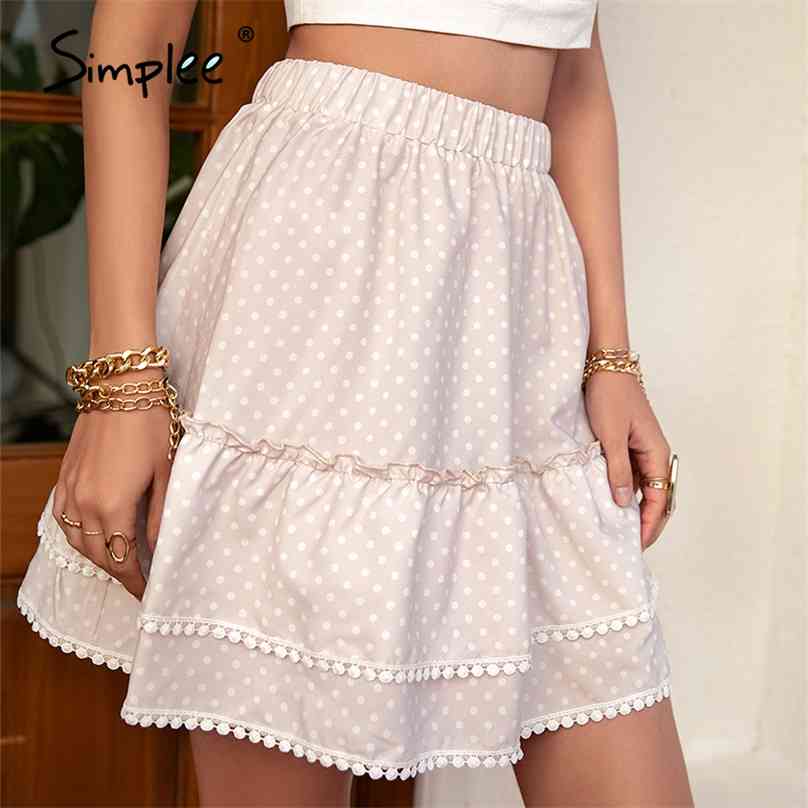 

Light Apricot Polka Dot A-line Mini Skirt Fashion High Waist Ruffled Summer Women Short Casual Female 210629